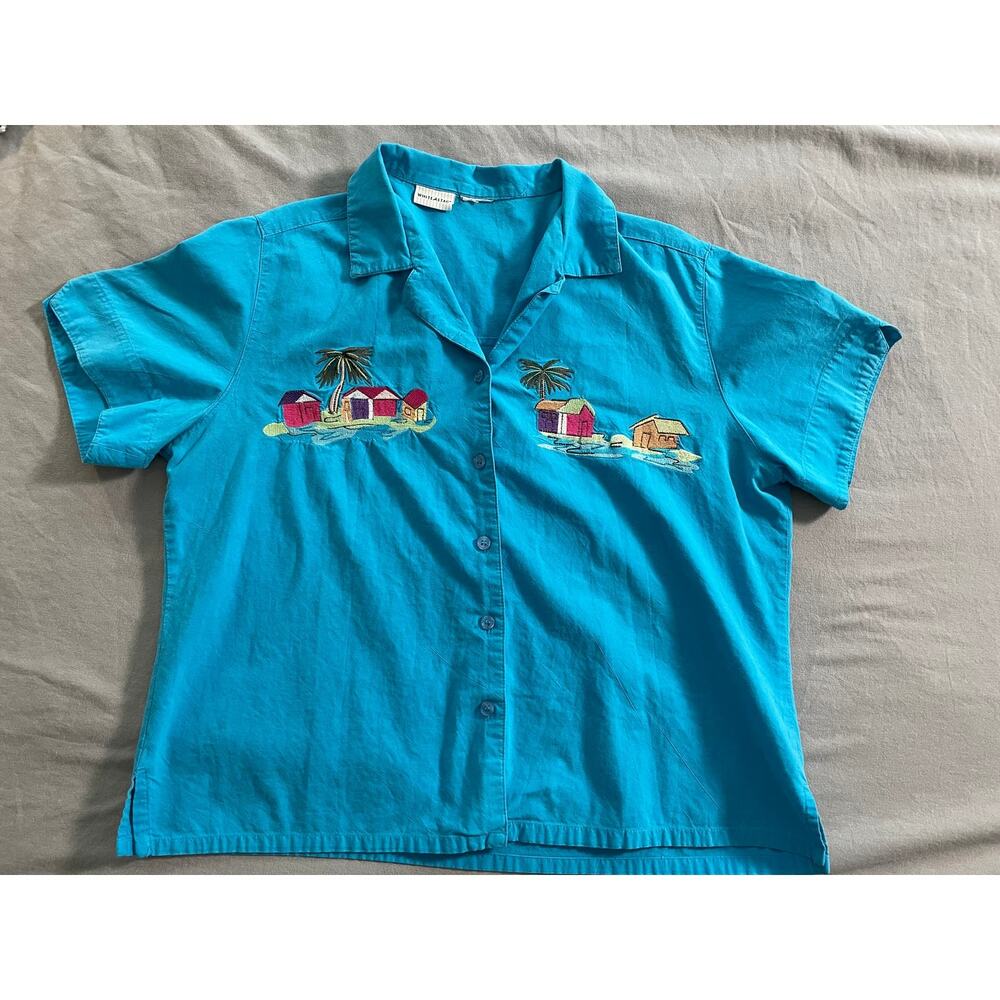 Vtg. White Stag Blue Tropical Theme Button Up